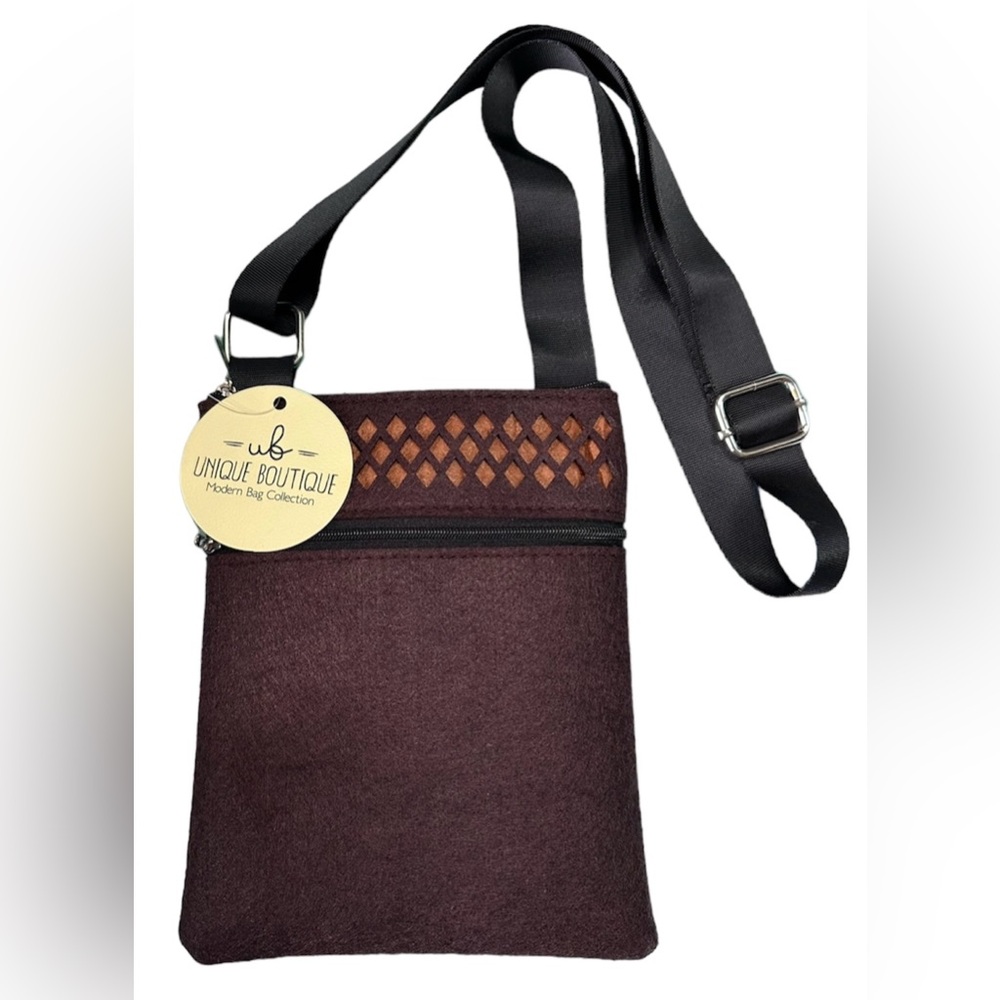Unique Boutique Brown Modern Felt Crossbody Bag 2 Zip Pockets Adjustable Strap